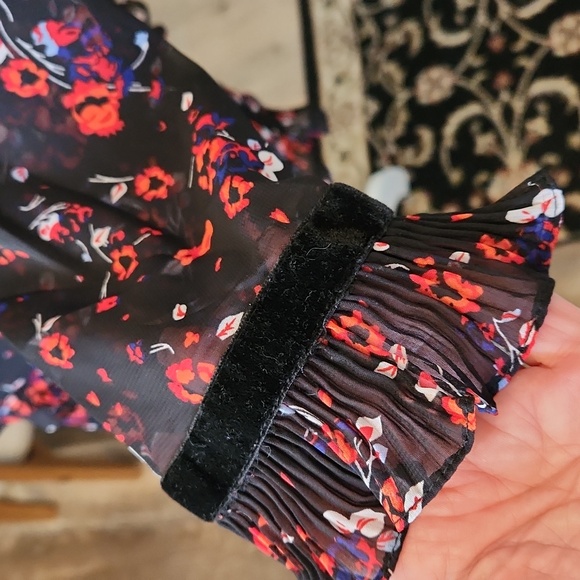 Lulus Dress Floral Black Long Sleeve Mini Sheer Pleated Ruffle A Line Sz M - Picture 6 of 16